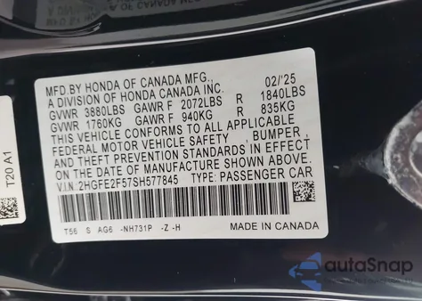 2025 Honda Civic Sport из США, поврежденный, VIN 2HGFE2F57SH577845